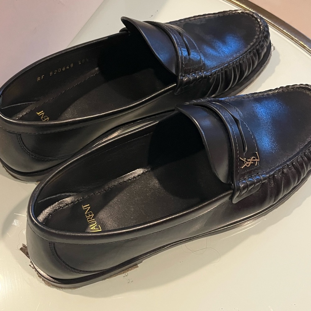 Saint Laurent Black Leather Penny Loafers with Gold Logo